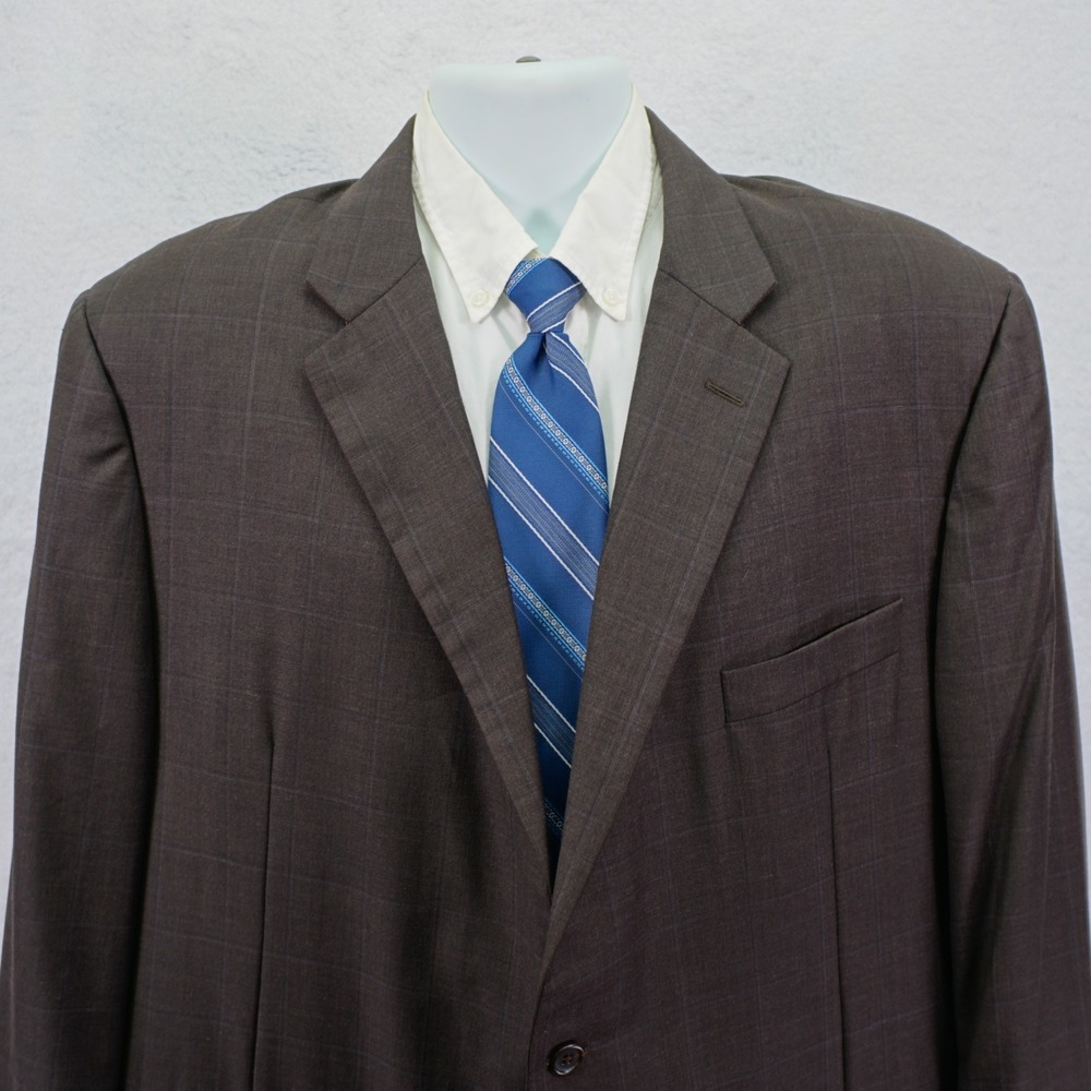 Hickey‎ Freeman Brown Windowpane Worsted Wool Sport Coat 48R Portly Sharkskin